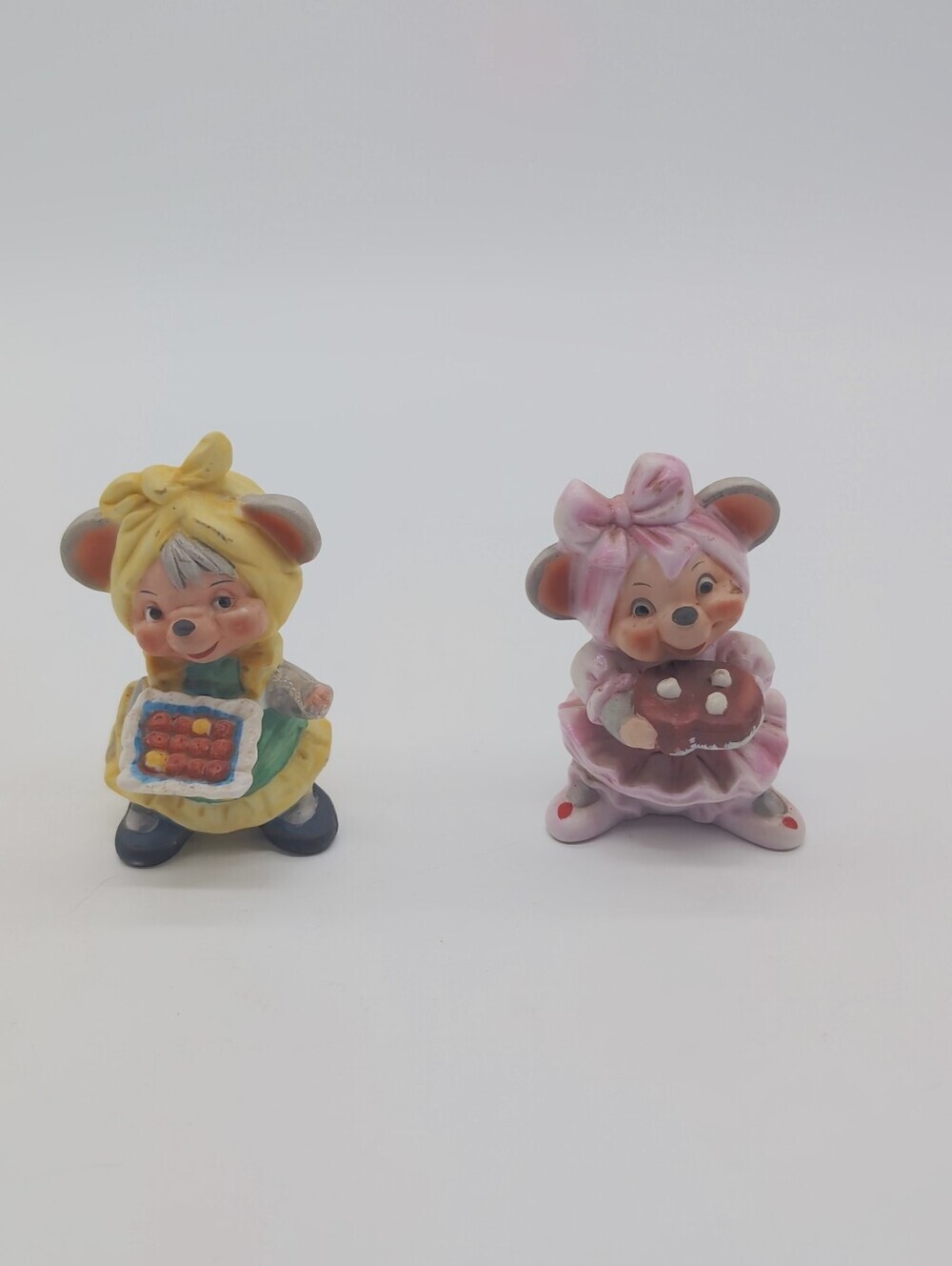 Vintage Beth Barton Bisque Pink and Yellow Cooking Mouse Figurines